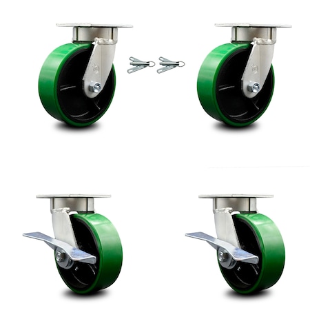 Service Caster 6 Inch Kingpinless Green Poly on Steel Wheel Caster Swivel Locks 2 Brakes, 2PK SCC-KP30S620-PUR-GB-BSL-2-SLB-2